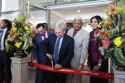 Photo Caption: (L-R) The Honourable Stuart Young, Minister in the Ministry of the Attorney General and Legal Affairs; The Honourable Colm Imbert, Minister of Finance; Mr. Michael Toney, Chairman, NIBTT; and Mrs. Niala Persad-Poliah, Executive Director, NIBTT at the ribbon cutting ceremony of the new Corporate Headquarters of the National Insurance Board of Trinidad and Tobago (NIBTT). (Photo Courtesy: Ministry of Finance)