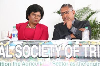 Caption: Mrs. Dhano Sookoo, President, Agricultural Society of Trinidad and Tobago (ASTT) and Senator the Honourable Clarence Rambharat, Minister of Agriculture, Land and Fisheries at the Hand-over Ceremony of Multi-crates and other Assets to beneficiaries of the 10th EDF Agriculture Policy Programme on March 14.
