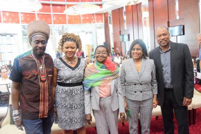 Caption: (L-R) Mr. Lutalo Masimba, President of Trinbago Unified Calypsonians’ Organization, Dr. The Honourable Nyan Gadsby- Dolly, Minister of Community Development, Culture and the Arts, Dr. Linda Mc Cartha Monica Sandy- Lewis, Calypso Rose, Senator the Honourable Paula Gopee- Scoon, Minister of Trade and Industry and Mr. Calvin Bijou, Chairman of the Trinidad & Tobago Creative Industries Company Limited. (Photo courtesy the Ministry of Trade and Industry)