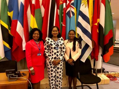 Senator the Honourable Jennifer Baptiste-Primus, Minister of Labour and Small Enterprise Development (Centre) is joined by Ms. Marslyn Melville-Jack, Secretary, Division of Community Development, Enterprise Development and Labour of the Tobago House of Assembly (left) and Her Excellency Makeda Antoine-Cambridge, Permanent Representative of Trinidad and Tobago to the United Nations, Geneva (right)