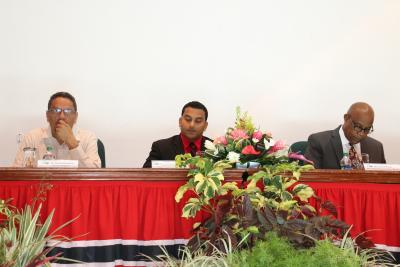 Caption: Parliamentary Secretary, Ministry of Agriculture, Land and Fisheries, Senator the Honourable Avinash Singh (c); Chairman, NAMDEVCO , Mr. Dennis Ramdeen (l); and Mr. Wayne Di Chi, Agricultural Scientist of the United States Department of Agriculture – Animal and Plant Health Inspection Service (USDA-APHIS). (Photo courtesy the Ministry of Agriculture, Land and Fisheries)