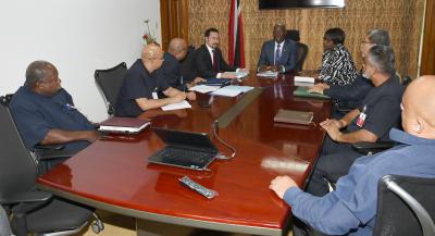 Caption: Sitting around the table from left to right: Carlton Gibson – Executive 1st Vice President; Richard Lee – General Secretary; Ancel Roget – President General; Minister in the Office of the Prime Minister, the Honourable Stuart Young; Prime Minister of the Republic of Trinidad and Tobago, Dr. the Honourable Keith Rowley; Minister of Planning and Sustainable Development, the Honourable Camille Robinson Regis; David Abdulah, Himraj Basdeo, Executive Trustee; and Rickey Benny, Executive Vice President. (Photo courtesy the Office of the Prime Minister)
