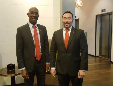 Caption: Prime Minister, Dr. the Honourable Keith Rowley (left) and Minister in the Office of the Attorney General and Legal Affairs and Minister in the Office of the Prime Minister, the Honourable Stuart Young before heading into a meeting in Houston with energy company, Shell. (Photo courtesy the Office of the Prime Minister)