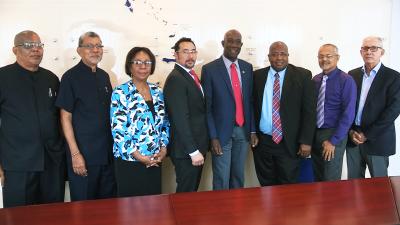 Caption: From left- Mr. Gregory Marchan, Representative of the Oilfield Workers Trade Union (OWTU); Mr. David Abdullah, Representative of the Oilfield Workers Trade Union (OWTU); Ms. Helen Drayton, former Independent Senator; the Honourable Stuart Young, Minister in the Office of the Prime Minister and Minister in the Office of the Attorney General and Legal Affairs; Prime Minister Dr. the Honourable Keith Rowley; Mr. Selwyn Lashley, Permanent Secretary, Ministry of Energy and Energy Industries; Professor Chandrabhan Sharma, Department of Electrical and Computer Engineering, Faculty of Engineering, University of the West Indies; and Mr. Wilfred Espinet, AeroMarine Trinidad Limited. (Photo courtesy the Office of the Prime Minister)