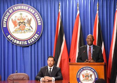 Photo Caption: Dr. the Honourable Keith Rowley, Prime Minister of the Republic of Trinidad and Tobago (right) addresses members of the media at the weekly Post Cabinet Press Briefing. Looking on is the Honourable Stuart Young, Minister in the Office of the Prime Minister and Minister in the Ministry of the Attorney General and Legal Affairs. (Photo Courtesy: Office of the Prime Minister)