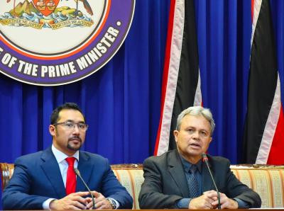 Photo Caption: (L-R) The Honourable Stuart Young, Minister of State in the Office of the Prime Minister and Minister in the Ministry of the Attorney General and Legal Affairs, at the Post Cabinet Press Briefing along with the Honourable Colm Imbert, Minister of Finance. (Photo Courtesy: Office of the Prime Minister)