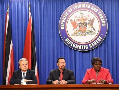 Photo Caption: (L-R): The Honourable Colm Imbert, Minister of Finance; the Honourable Stuart Young, Minister in the Office of the Prime Minister and Minister in the Ministry of the Attorney General and Legal Affairs; and the Honourable Camille Robinson-Regis, Minister of Planning and Development address the media at this week's Post Cabinet Press Briefing. (Photo Courtesy: Office of the Prime Minister)