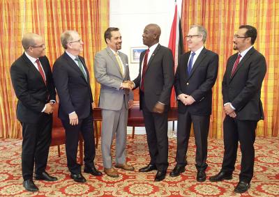 Prime Minister Dr the Honourable Keith Rowley greets Mr Ezra Yacob, Executive Vice President, Exploration and Production. Also pictured here from left is: Minister of National Security, Communications and Minister in the Office of the Prime Minister the Honourable Stuart Young, Mr William Thomas, Chairman and Chief Executive Officer, Mr Pat Woods, Vice President and General Manager, International and Mr George Vieira, Managing Director, EOG Resources Trinidad Limited.