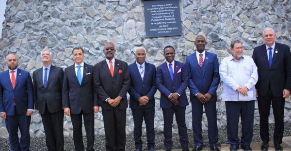 L to R: Consul General, United Arab Emirates, New York H.E. Majid Al Suwaide, Australian High Commissioner to Trinidad and Tobago H.E. Mr John Pilbeam, Mexican Ambassador to the Eastern Caribbean States H.E. Oscar Esparanza Vargas, President of the Senate of Grenada the Hon. Chester Humphrey, Deputy Prime Minister of Grenada the Hon. Gregory Bowen, Prime Minister of Grenada the Hon. Keith Mitchell, Prime Minister of Trinidad and Tobago the Hon. Keith Rowley, Prime Minister of St Vincent and the Grenadines the Hon. Ralph Gonsalves and Prime Minister of St Lucia the Hon. Allen Chastanet