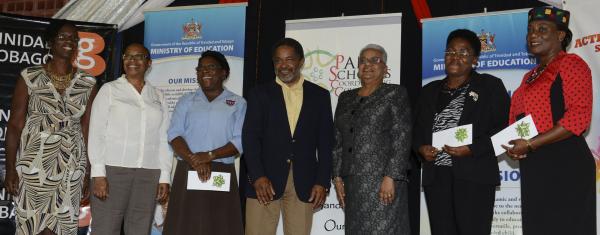 From left- President, Pan in the Schools Coordinating Council (PSCC), Ms. Patricia Adams; Representative of BG Trinidad and Tobago, Ms. Maureen Clement; Principal, San Fernando East Secondary School, Patricia Pitt; Head, Social Performance BG T&T, Leslie Bowrin; Permanent Secretary, Ministry of Education Angela Sinaswee-Gervais; Principal, Bon Air Secondary, Mislyn Maxwell; and Principal, Goodwood Secondary, Carrington James.